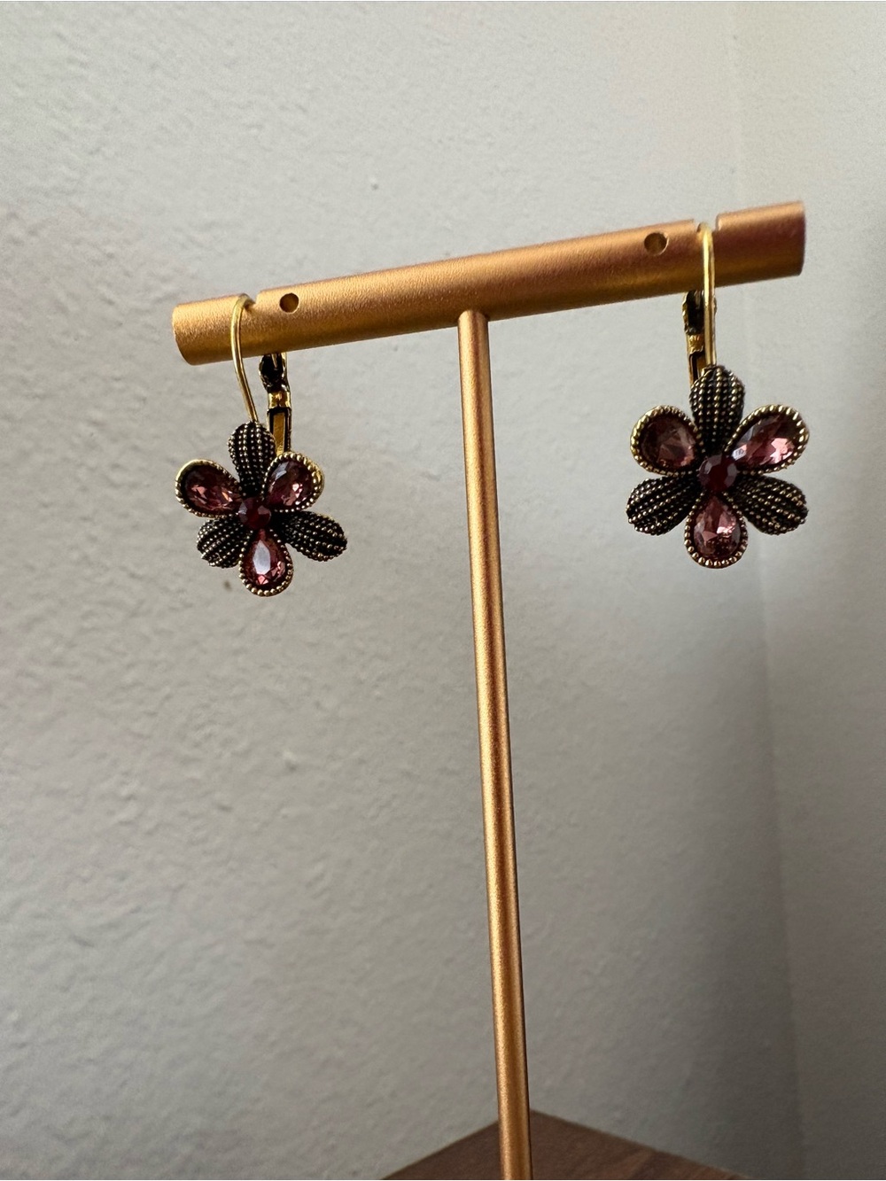 Gold-Tone Pink Floral Drop Earrings